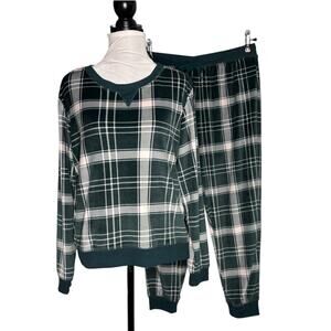 Honeydew Fleece PJs Dark Green Pale Pink Plaid Print Size Large